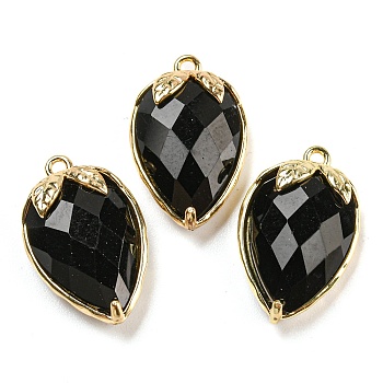Natural Obsidian Faceted Pendants, Rack Plating Brass Strawberry Charms, Golden, 18x11x5~5.5mm, Hole: 1.2mm
