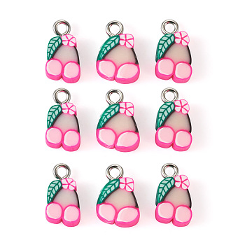 50Pcs Handmade Polymer Clay Charms, with Platinum Tone Iron Findings, Cherry, Hot Pink, 13~14x8~9x4.5mm, Hole: 1.8mm