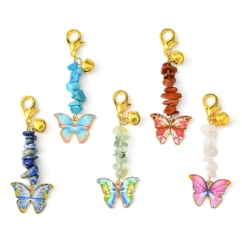 Alloy Enamel Butterfly Pendant Decoration, Natural & Synthetic Mixed Gemstone Chips and Lobster Claw Clasps Charms, 64mm
