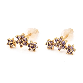 Brass Micro Pave Cubic Zirconia Stud Earrings, Real 18K Gold Plated, Flower, Lilac, 6.5x12.5mm, Pin: 1mm