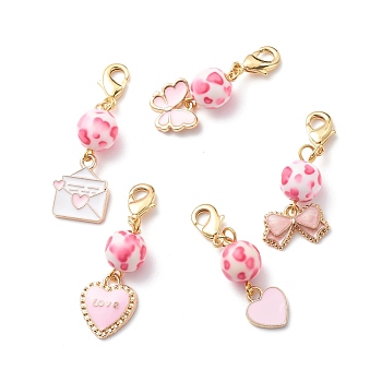 Valentine's Day Alloy Enamel Pendant Decorations Sets, Clip-on Charms, with Spray Painted Resin Beads & Brass Lobster Claw Clasps, for Keychain, Purse Ornament, Pink, 38.5~45mm, 5pcs/set