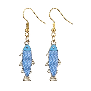 Light Gold Alloy Enamel Dangle Earrings, Fish, Cornflower Blue, 48x10mm