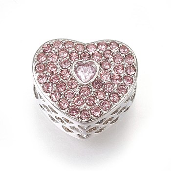 304 Stainless Steel European Beads, Large Hole Beads, with Rhinestone, Heart, Stainless Steel Color, Light Rose, 10x11x7mm, Hole: 4mm