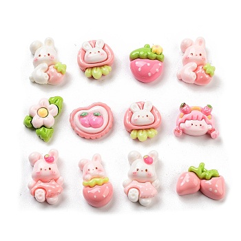 Cute Opaque Resin Decoden Cabochons, Rabbit/Flower/Strawberry, Mixed Shapes, Pink, 10.5~18x12~16.5x5~7.5mm