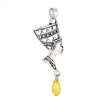 Alloy Pendants, with Transparent Yellow Resin Beads, Egyptian queen, Antique Silver, 41.5x18x3mm, Hole: 6x5mm