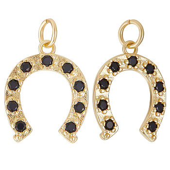 Beebeecraft 8Pcs Brass Micro Pave Black Cubic Zirconia Pendants, with Jump Rings, U Shape/Horseshoe Charm, Real 18K Gold Plated, 17.5x14.5x2mm, Hole: 3mm