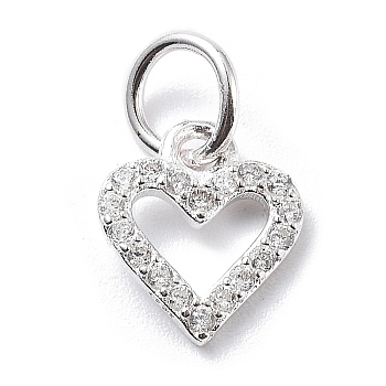 925 Sterling Silver Cubic Zirconia Pendants, Heart Charms, with Jump Ring, Heart, 9x8x1mm