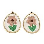 304 Stainless Steel & Embroidered Pendants, Oval with Flower Charms, Tan, Ion Plating(IP), Long-Lasting Plated, Real 18K Gold Plated, 29x22.5x3mm, Hole: 1.2mm(SA-CBA1ED9-05G)