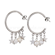 304 Stainless Steel Half Hoop Earrings, Natural Pearl Dangle Stud Earrings, Star, 46x7.5mm(EJEW-JE05590-01)