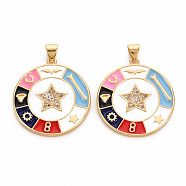 Brass Micro Pave Clear Cubic Zirconia Pendants, with Enamel, Cadmium Free & Nickel Free & Lead Free, Flat Round with Star, Real 16K Gold Plated, 27.5x25x2.5mm, Hole: 5x3mm(ZIRC-S067-061-NR)