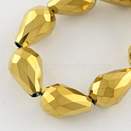 Electroplate Glass Bead Strands, Faceted, teardrop, Golden Plated, 12x8mm, Hole: 1mm, about 60pcs/strand, 27.5 inch(EGLA-R045-12x8mm-02)