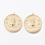 Brass Pendants, Nickel Free, Flat Round with Buddha Hand, Real 18K Gold Plated, 28x25x4mm, Hole: 1.8mm(X-KK-N232-183G-NF)