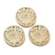 304 Stainless Steel Rhinestone Pendants, Ion Plating(IP), Flat Round Evil Eye, Real 18K Gold Plated, 19x18x3mm, Hole: 1.2mm(STAS-Z121-52G)