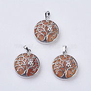 Natural Red Aventurine Pendants, with Brass Findings, Flat Round with Tree of Life, Platinum, 31~32x27x8~9mm, Hole: 5x7mm(G-K234-E09)