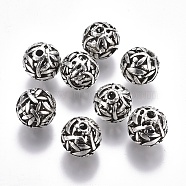 Tibetan Style Alloy Beads, Hollow, Round with Dragonfly, Antique Silver, 14~14.5mm, Hole: 2.5mm(PALLOY-I173-19AS)