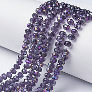 Electroplate Transparent Glass Beads Strands, Half Rainbow Plated, Faceted, Rondelle, Dark Violet, 4x3mm, Hole: 0.4mm, about 113~115pcs/strand, 41~42cm(EGLA-A034-T4mm-F09)