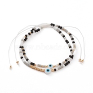Adjustable Nylon Cord Braided Bead Bracelets Sets, with Evil Eye Lampwork Beads, FGB Glass Seed Beads, Frosted Glass Beads and Textured Brass Beads, Black, Inner Diameter: 2~4 inch(5.2~10.2cm), 2pcs/Set(BJEW-JB05790-04)