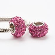 Austrian Crystal European Beads, Large Hole Beads, 925 Sterling Silver Core, Rondelle, 502_Fuchsia, 11~12x7.5mm, Hole: 4.5mm(STER-E049-E08)