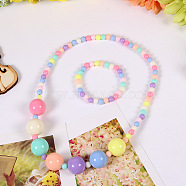 Plastic Beaded Necklaces & Beaded Bracelets, Kid Jewelry Sets, Colorful, Round, 450mm & 140mm(WG32877-02)