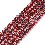 Handmade Lampwork Beads, Flat Round with Evil Eye, Dark Red, 4.5x2.5mm, Hole: 0.6mm, about 90~100pcs/strand, 15.35''~15.75''(39~40cm)(LAMP-P056-01A)