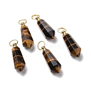 Natural Tiger Eye Openable Perfume Bottle Pendants, with Golden Tone Brass Findings, Faceted Bullet Charm, 47.5mm, Pendant: 39x15x15mm, Inner Diameter: 5mm(G-A026-03)