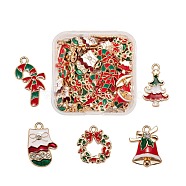 50Pcs 5 Style Christmas Theme Alloy Enamel Pendants, Cadmium Free & Lead Free, Light Gold, Candy Cane & Bell & Gloves & Wreath with Bowknot & Tree, Mixed Color, 17~23x12~15.5x1.5~4mm, Hole: 1.6~2mm, 10pcs/style(ENAM-LS0001-49-RS)