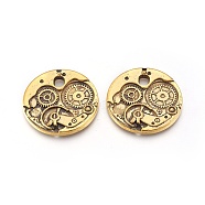 Tibetan Style Alloy Pendants, Flat Round Watch Gears Charms, Nice for Steampunk Jewelry Making, Cadmium Free & Lead Free, Antique Golden, 38x38x3mm, Hole: 1.5mm(PALLOY-A15823-AG-FF)