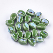 Handmade Porcelain Beads, Fancy Antique Glazed Porcelain, Oval, Green, 12~14x9~10.5x9~11mm, Hole: 2.5mm(PORC-S498-07B)