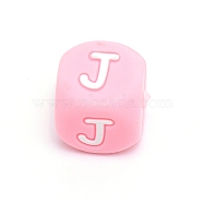 Silicone Alphabet Beads for Bracelet or Necklace Making, Letter Style, Pink Cube, Letter.J, 12x12x12mm, Hole: 3mm(SIL-TAC001-01B-J)