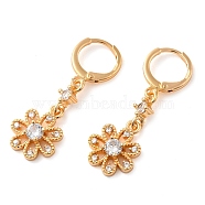 Rack Plating Golden Brass Dangle Leverback Earrings, with Cubic Zirconia, Flower, Clear, 36x12mm(EJEW-B037-11G)