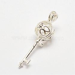 Brass Diffuser Locket Pendants, Cage Pendants, Key, Cadmium Free & Lead Free, Silver Color Plated, 36x10x11mm, Hole: 2x3mm, inner size: 8mm(KK-P100-20S-RS)