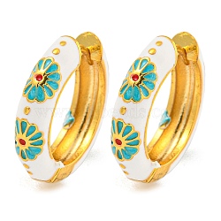 Rack Plating Brass Hoop Earrings, with Flower Enamel, Cadmium Free & Lead Free, Long-Lasting Plated, Real 18K Gold Plated, White, 19x4.5mm(EJEW-C102-43G-01)