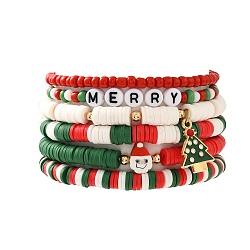 6Pcs Christmas Theme Polymer Clay Heishi Beads & Glass Seed Beaded Stretch Bracelets Set, Alloy Enamel Charm Bracelets, Mixed Color, Inner Diameter: 2-1/8 inch(5.5cm), 6pcs/set(BJEW-TA00539)