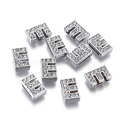 Alloy Initial Slide Charms with Grade A Rhinestones, Lead Free & Nickel Free, Platinum, Letter.E, 12~13x8~13x4~5mm, Hole: 8x2mm(ALRI-R032-E-FF)