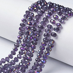 Electroplate Transparent Glass Beads Strands, Half Rainbow Plated, Faceted, Rondelle, Dark Violet, 4x3mm, Hole: 0.4mm, about 130pcs/strand, 16.54 inch(42cm)(EGLA-A034-T4mm-F09)
