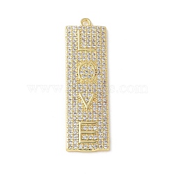 Brass Micro Pave Cubic Zirconia Pendants, Rectangle with Word LOVE Charms, Cadmium Free & Lead Free, Rack Plating, Long-Lasting Plated, Real 18K Gold Plated, 34.5x10x1.5mm, Hole: 1.4mm(KK-P290-54G)