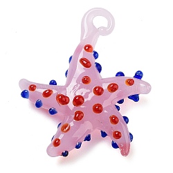 Handmade Lampwork Pendants, Starfish, Pearl Pink, 34~40x31~36.5x6~9mm, Hole: 3~7mm(LAMP-A004-05G)