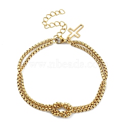 304 Stainless Steel Hollow Cross Charm Bracelet with Double Layer Box Chains, Golden, 7-1/2 inch(18.9cm)(BJEW-A002-01G)
