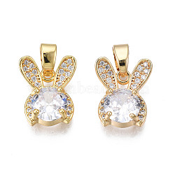 Brass Micro Pave Cubic Zirconia Charms, with Brass Snap on Bails, Real 18K Gold Plated, Rabbit, Clear, 12x10x4mm, Hole: 2mm(KK-N231-232)