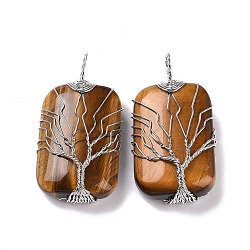 Natural Tiger Eye Copper Wire Wrapped Pendants, Rectangle with Tree of Life Charms, Platinum, 46~49x25~27x10~12mm, Hole: 8x9mm(G-H281-08P-02)