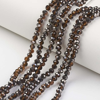 Electroplate Transparent Glass Beads Strands, Half Black Plated, Faceted, Rondelle, Sienna, 6x5mm, Hole: 1mm, about 85~88pcs/strand, 16.1~16.5 inch(41~42cm)