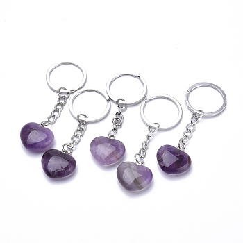 Natural Amethyst Keychain, with Iron Findings, Heart, 80mm