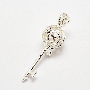 Brass Diffuser Locket Pendants, Cage Pendants, Key, Cadmium Free & Lead Free, Silver Color Plated, 36x10x11mm, Hole: 2x3mm, inner size: 8mm