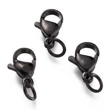 304 Stainless Steel Lobster Claw Clasps, With Jump Ring, Electrophoresis Black, 12x7x3.5mm, Hole: 3mm, Jump Ring: 5x0.6mm