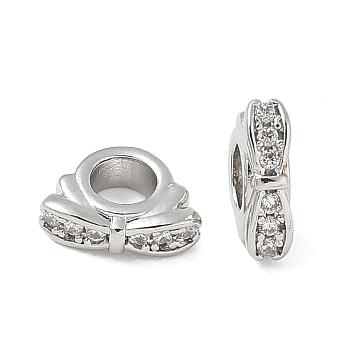 Brass Micro Pave Cubic Zirconia European Beads, Large Hole Beads, Cadmium Free & Lead Free, Long-Lasting Plated, Ring with Bowknot, Platinum, 10x7.5x3mm, Hole: 4mm