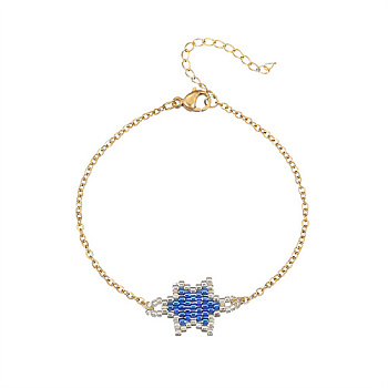 Glass Seed Beaded Star Link Bracelet with Golden Stainless Steel Cable Chains, Blue, 7-7/8 inch(20cm)