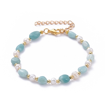 Natural Amazonite Beaded Bracelets, with Natural Pearl Beads, Brass Beads and 304 Stainless Steel Lobster Claw Clasps, 9-1/2 inch(24.2cm)