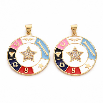Brass Micro Pave Clear Cubic Zirconia Pendants, with Enamel, Cadmium Free & Nickel Free & Lead Free, Flat Round with Star, Real 16K Gold Plated, 27.5x25x2.5mm, Hole: 5x3mm
