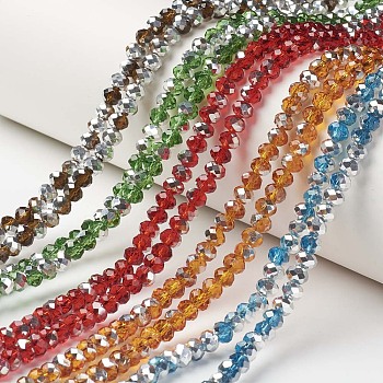 Electroplate Transparent Glass Beads Strands, Half Silver Plated, Faceted, Rondelle, Mixed Color, 6x5mm, Hole: 1mm, about 85~88pcs/strand, 16.1~16.5 inch(41~42cm)