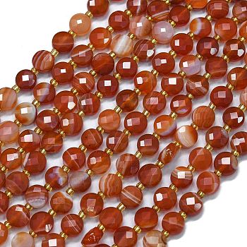 Natural Red Banded Agate Beads Strands, with Seed Beads, Dyed & Heated, Faceted, Flat Round, 6~6.5x4mm, Hole: 1mm, about 50pcs/strand, 15.35 inch(39cm)